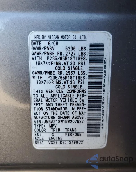 2009 Nissan Murano S from USA, damaged, VIN JN8AZ18W19W207987
